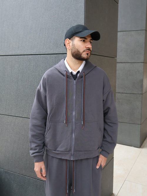 HANORAC CU GLUGĂ ȘI FERMOAR - Gri Antracit